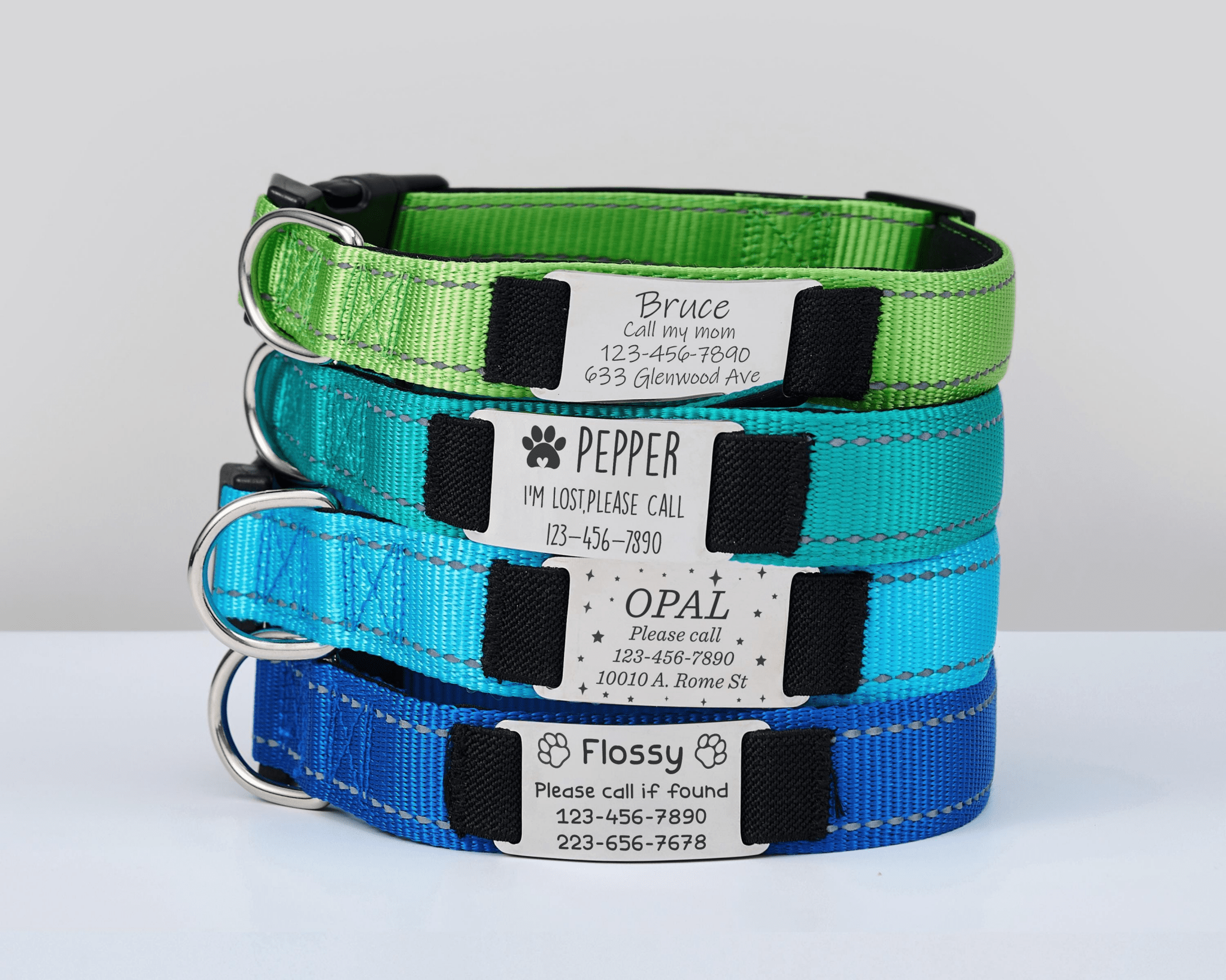 Personalized Reflective Dog Collar with Engraved Name Tag – Adjustable Custom Pet Collar with Leash - AmyEngraved