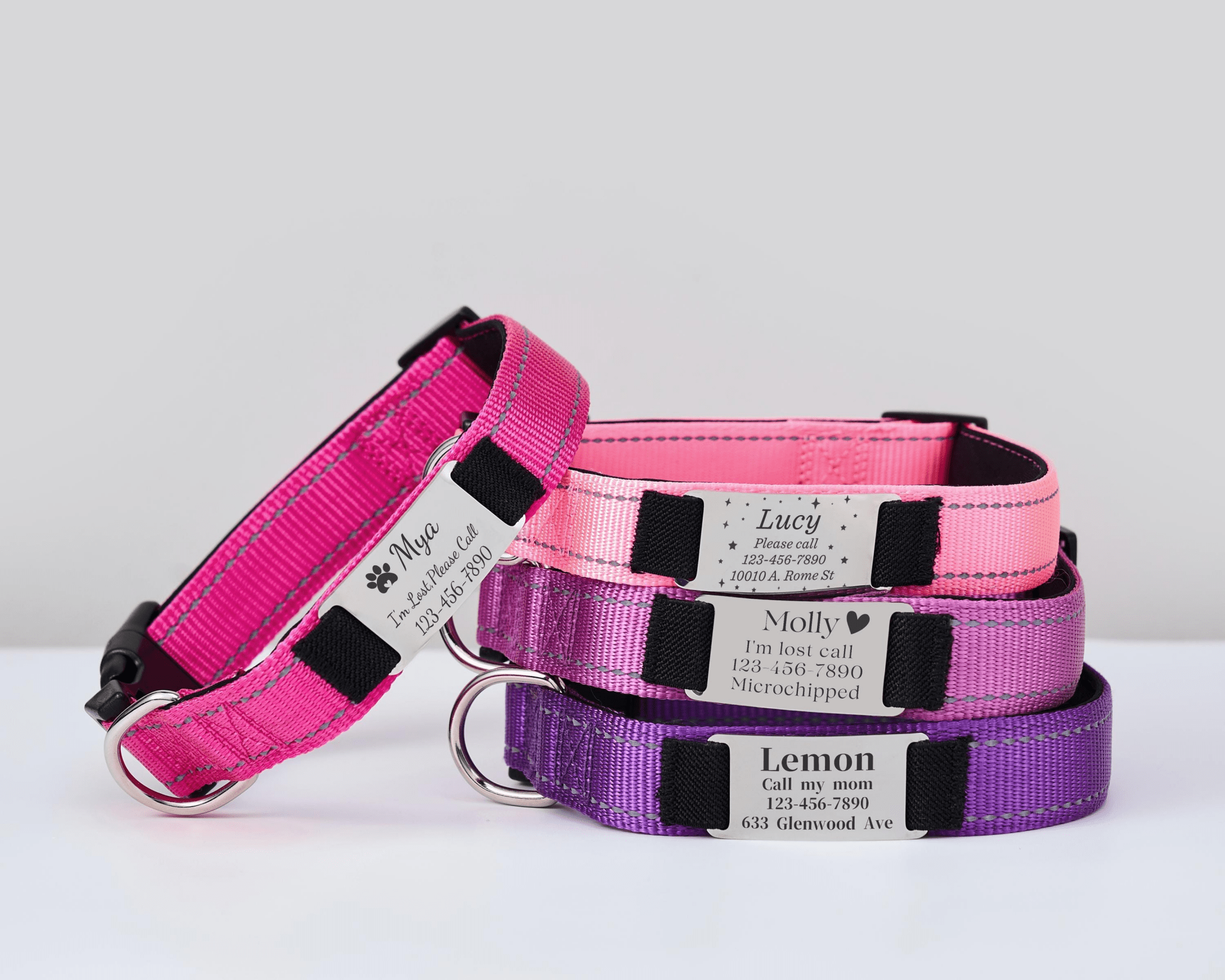 Personalized Reflective Hot Pink Dog Collar & Leash Set – Adjustable Cat Collar with Engraved Name Tag & Free Bell - AmyEngraved