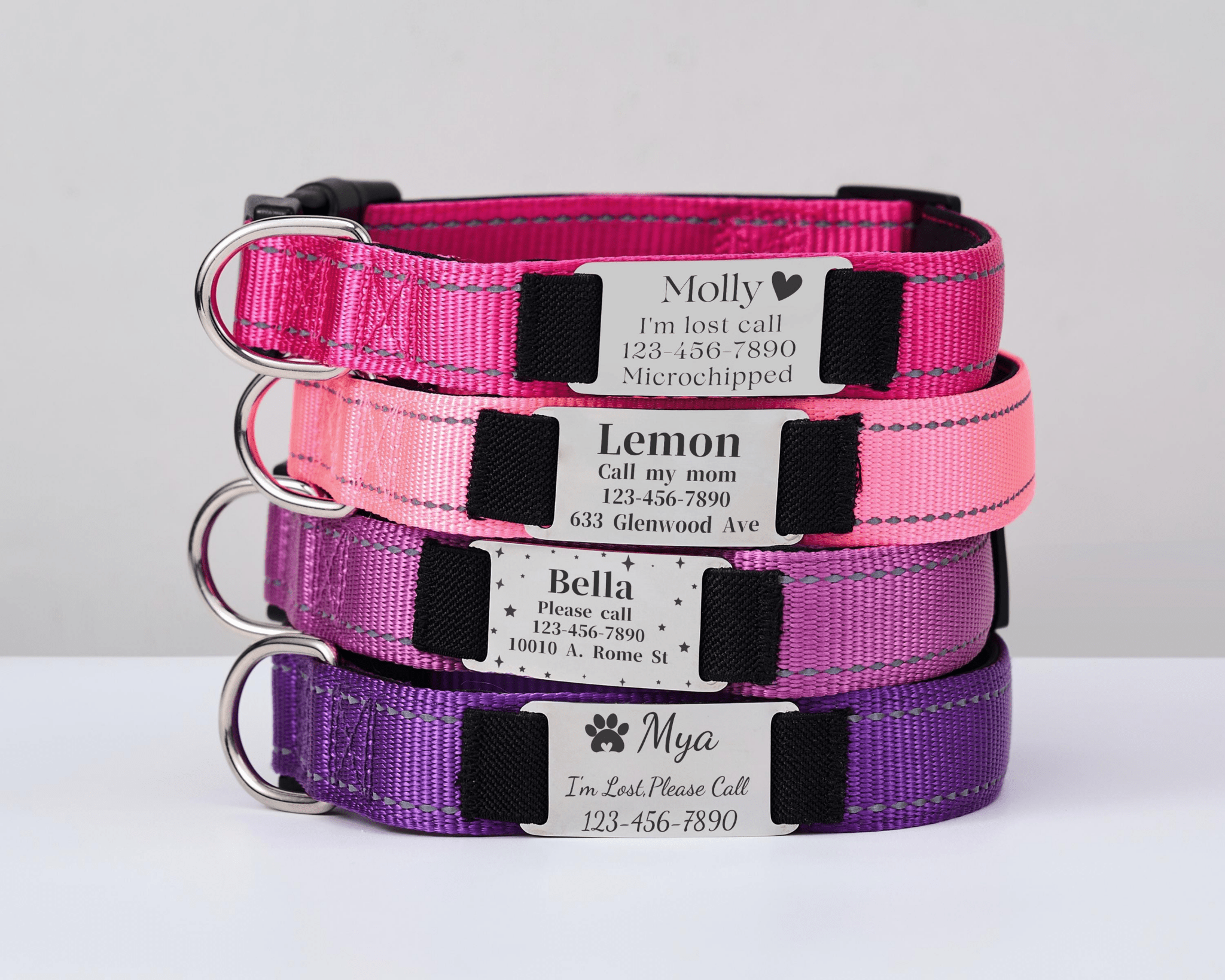 Personalized Reflective Pink Dog Collar with Engraved Name Tag – Adjustable Cat Collar with Leash & Free Bell - AmyEngraved