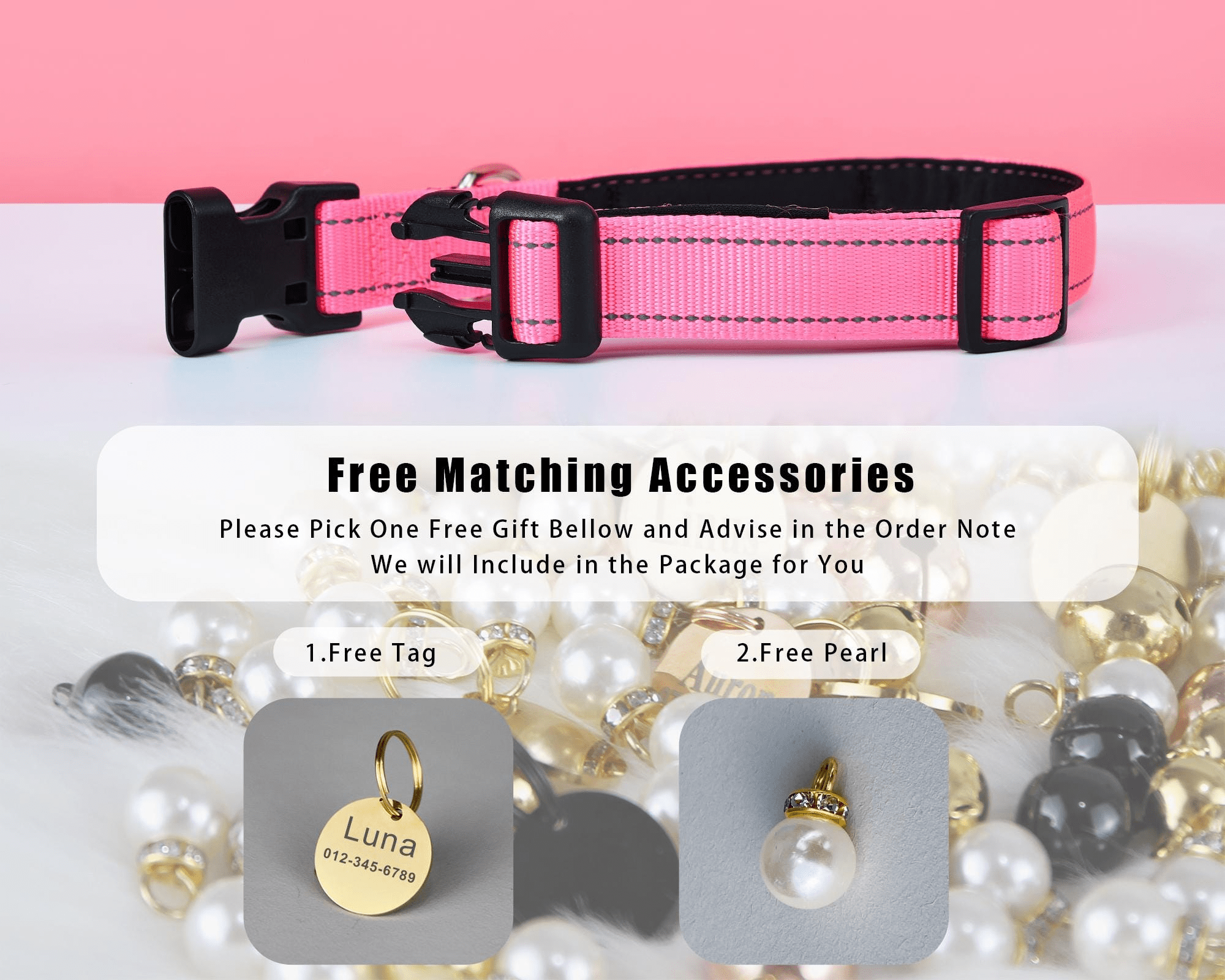 Personalized Reflective Pink Dog Collar with Engraved Name Tag – Adjustable Cat Collar with Leash & Free Bell - AmyEngraved