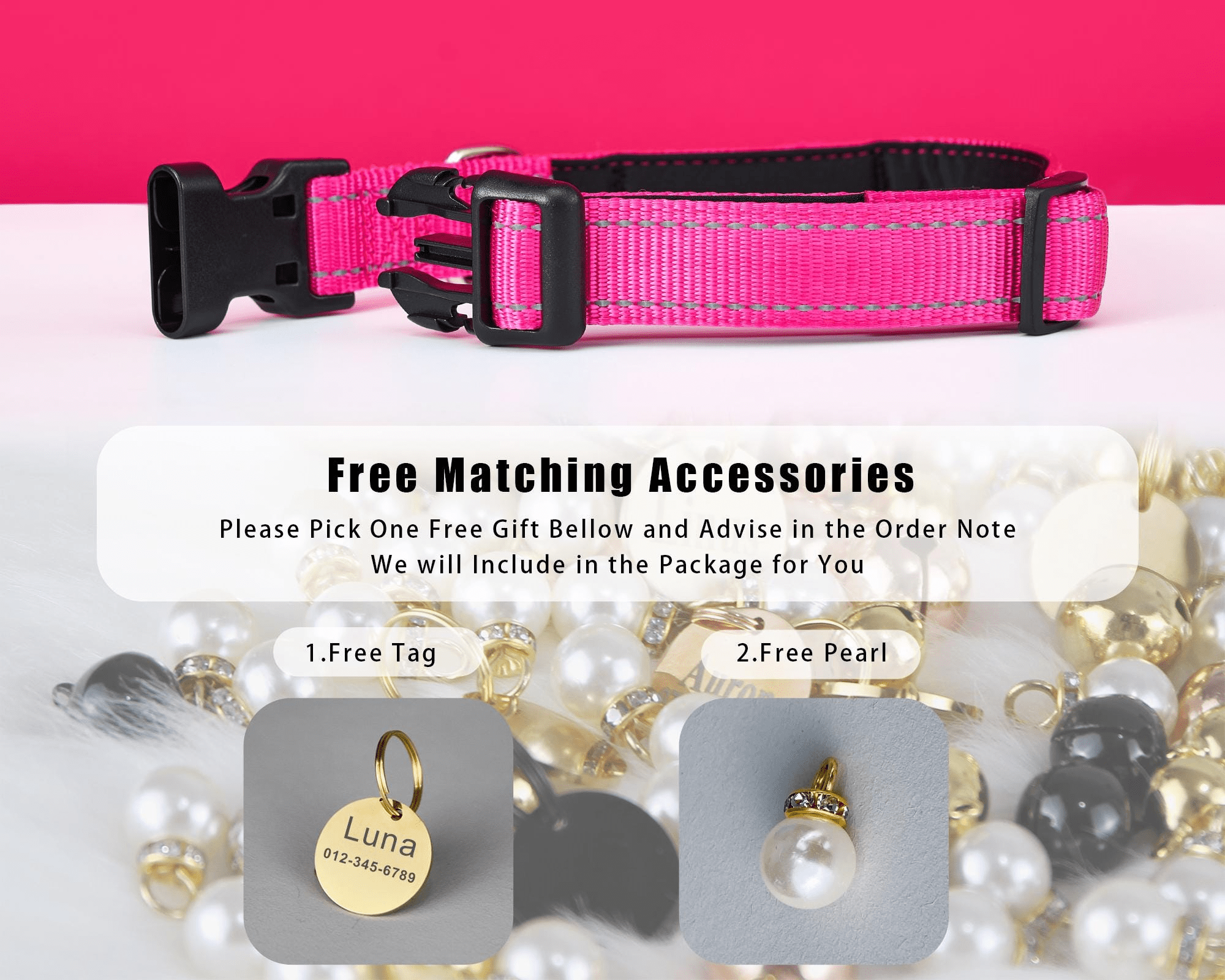 Personalized Reflective Hot Pink Dog Collar & Leash Set – Adjustable Cat Collar with Engraved Name Tag & Free Bell - AmyEngraved