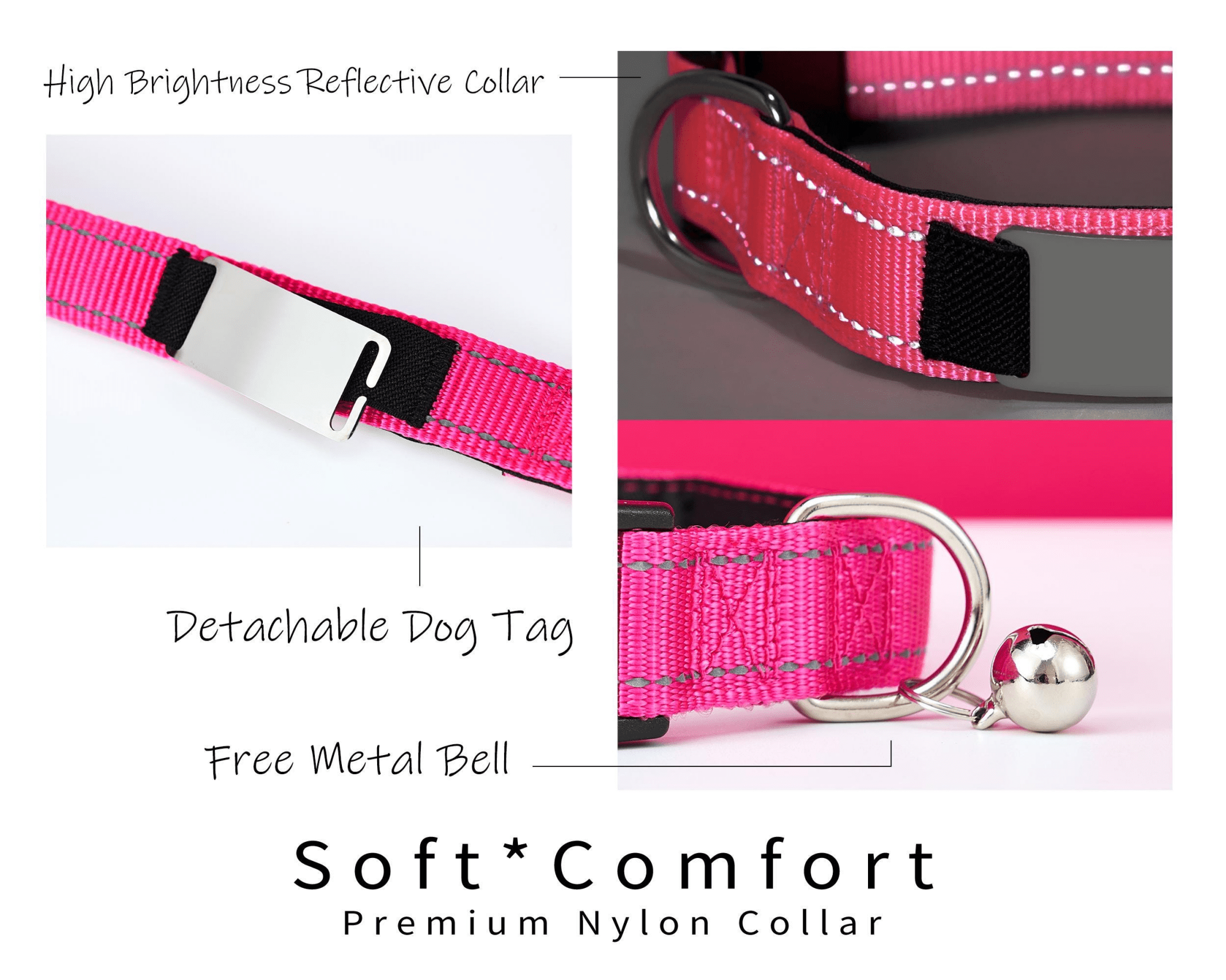Personalized Reflective Hot Pink Dog Collar & Leash Set – Adjustable Cat Collar with Engraved Name Tag & Free Bell - AmyEngraved