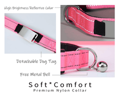 Personalized Reflective Pink Dog Collar with Engraved Name Tag – Adjustable Cat Collar with Leash & Free Bell - AmyEngraved
