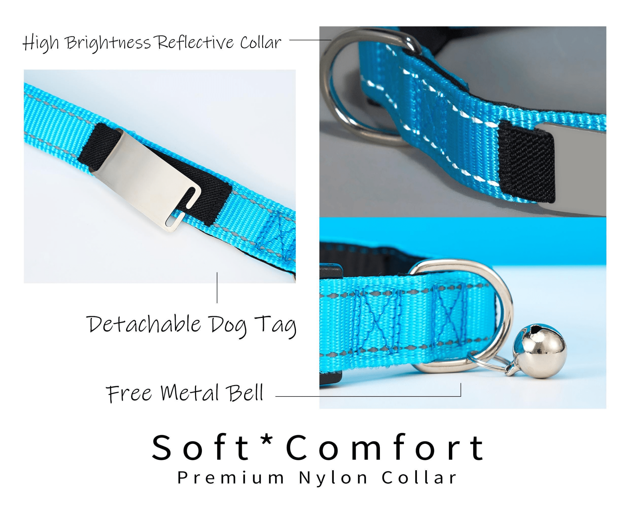 Personalized Reflective Blue Dog Collar with Engraved Name Tag – Adjustable Cat Collar with Leash & Free Bell - AmyEngraved