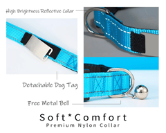 Personalized Reflective Blue Dog Collar with Engraved Name Tag – Adjustable Cat Collar with Leash & Free Bell - AmyEngraved