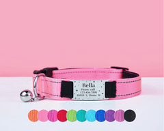 Personalized Reflective Pink Dog Collar with Engraved Name Tag – Adjustable Cat Collar with Leash & Free Bell - AmyEngraved