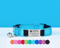 Personalized Reflective Blue Dog Collar with Engraved Name Tag – Adjustable Cat Collar with Leash & Free Bell - AmyEngraved