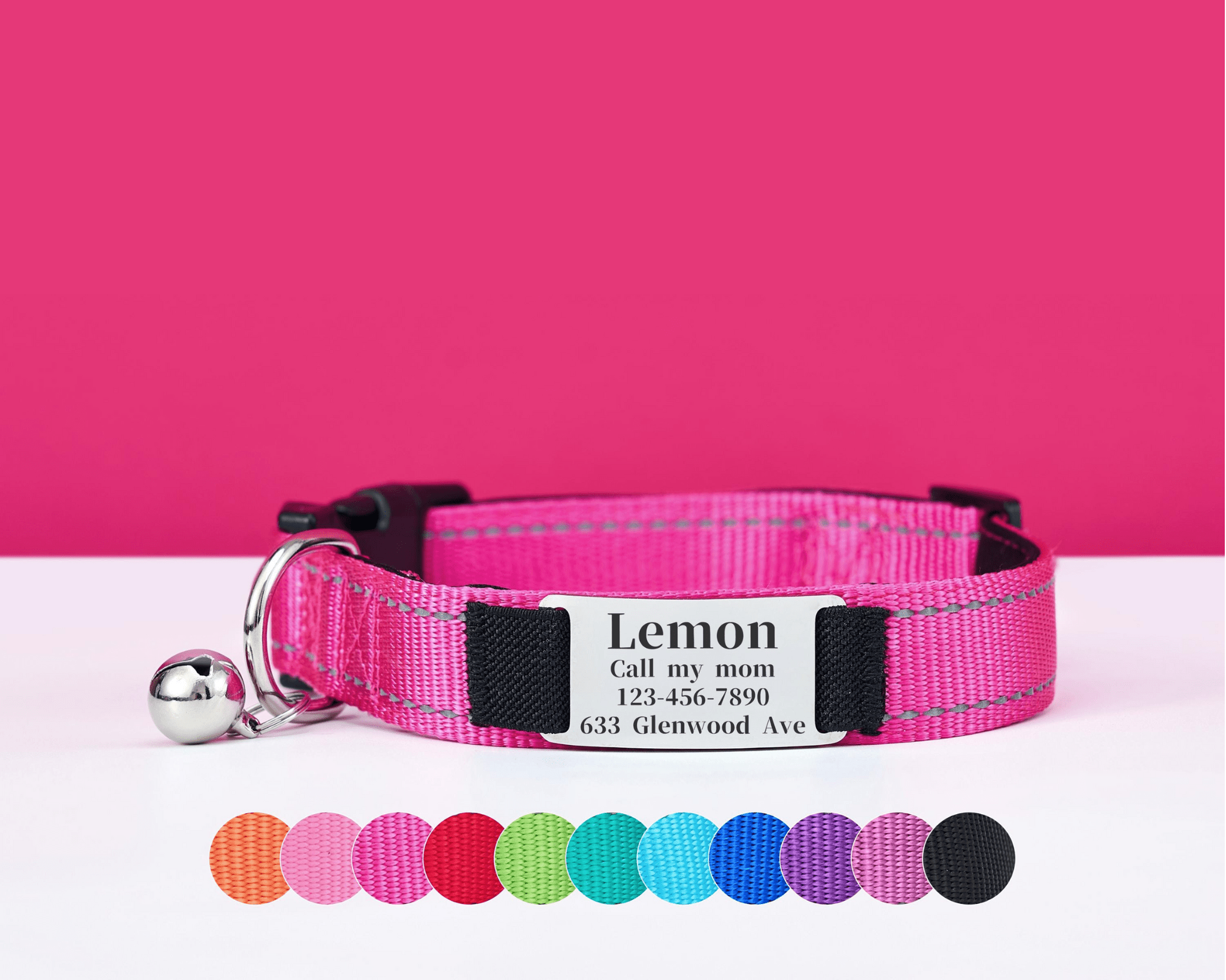 Personalized Reflective Hot Pink Dog Collar & Leash Set – Adjustable Cat Collar with Engraved Name Tag & Free Bell - AmyEngraved
