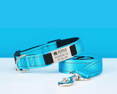 Personalized Reflective Blue Dog Collar with Engraved Name Tag – Adjustable Cat Collar with Leash & Free Bell - AmyEngraved