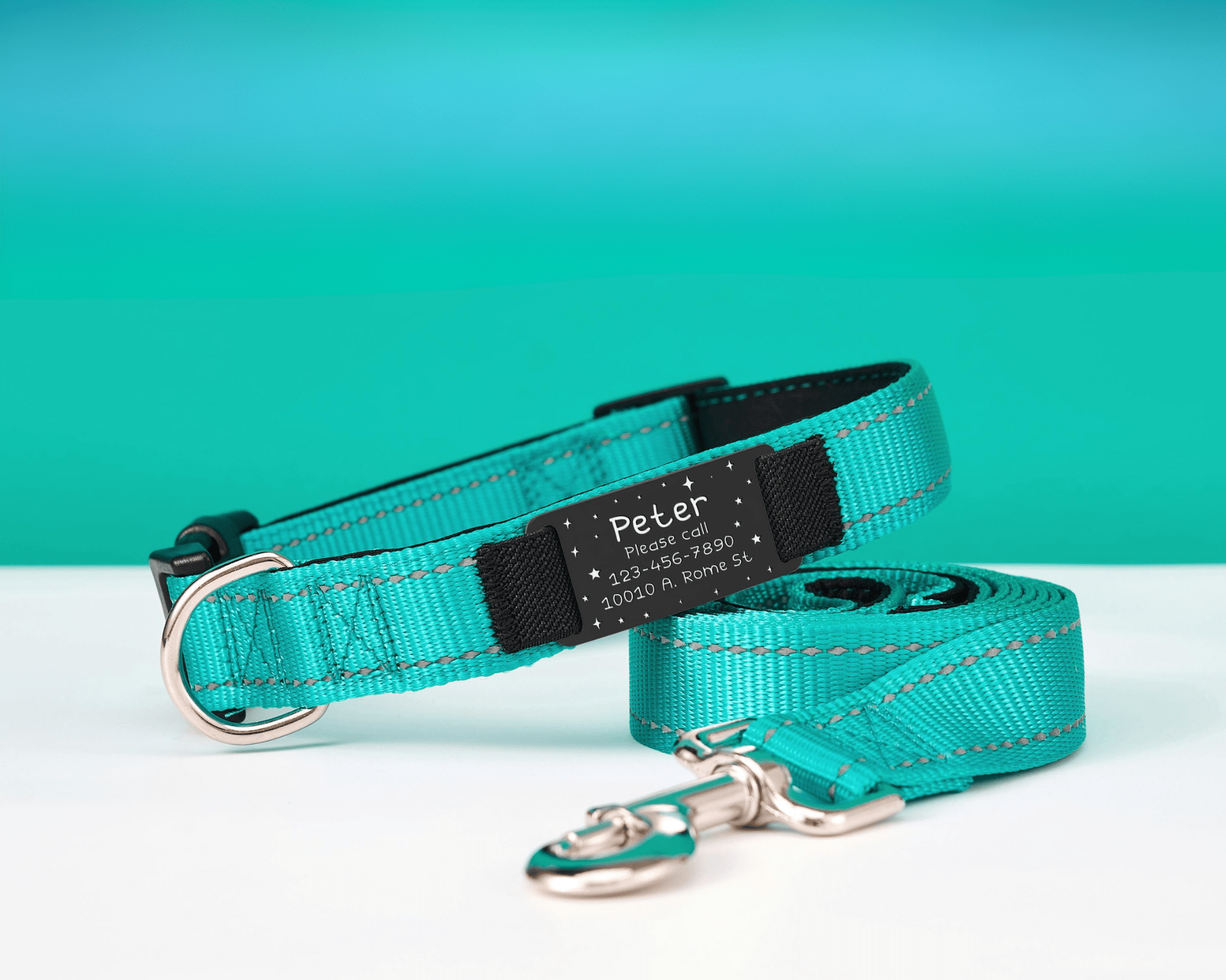 Personalized Reflective Dog Collar with Engraved Name Tag – Adjustable Custom Pet Collar with Leash - AmyEngraved
