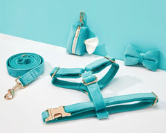 Turquoise Velvet Dog Harness and Leash Set | Personalized No Pull Step In Puppy Harness, Collar, Bowtie, and Poop Bag Holder | Wedding Pet Bundle - AmyEngraved