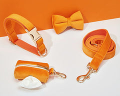 Orange Velvet Dog Harness and Leash Set | Personalized No Pull Step In Puppy Harness, Collar, Bowtie, and Poop Bag Holder | Wedding Pet Bundle - AmyEngraved