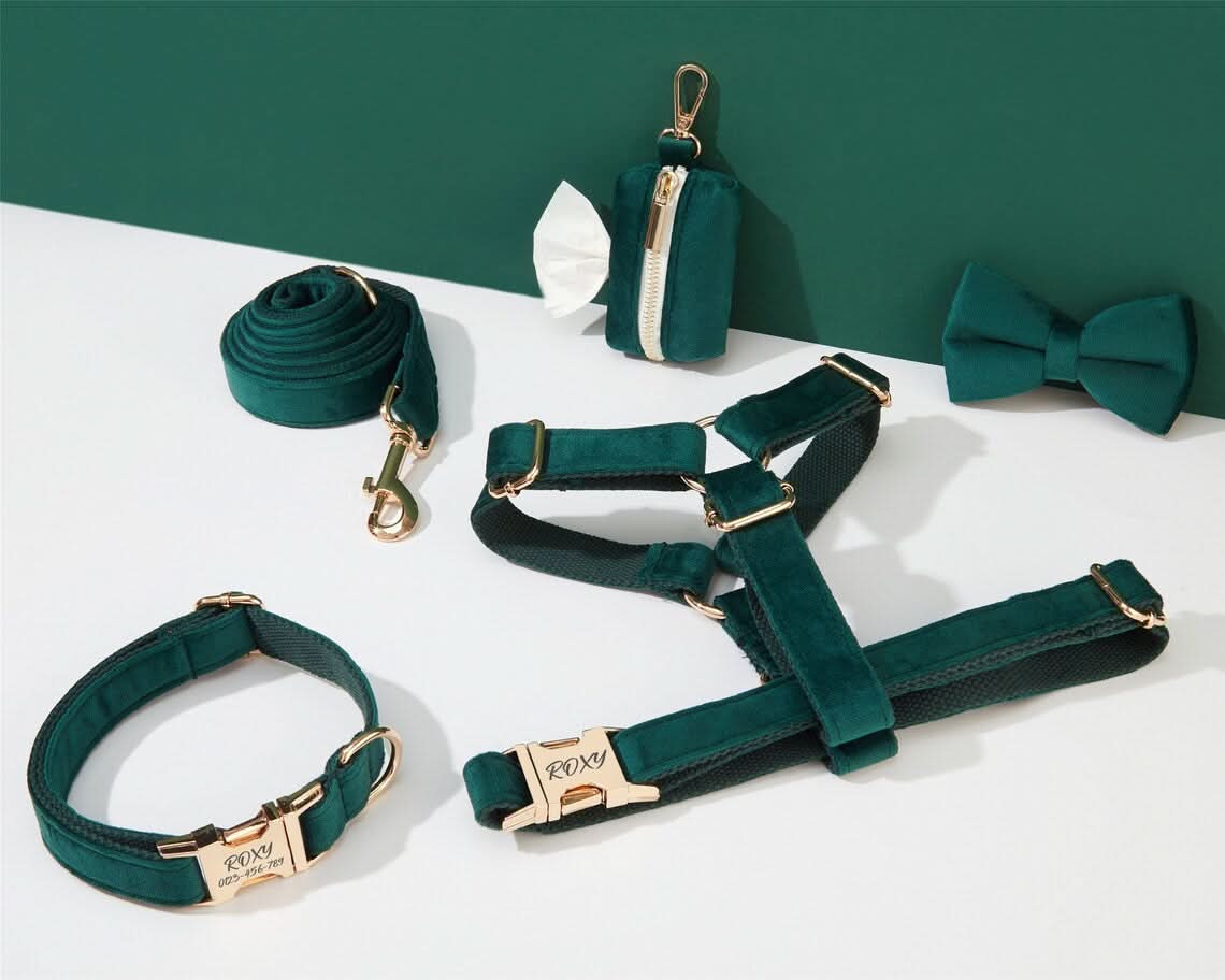 Emerald Velvet Dog Harness and Leash Set | Personalized No Pull Step In Puppy Harness, Collar, Bowtie, and Poop Bag Holder | Wedding Pet Bundle - AmyEngraved