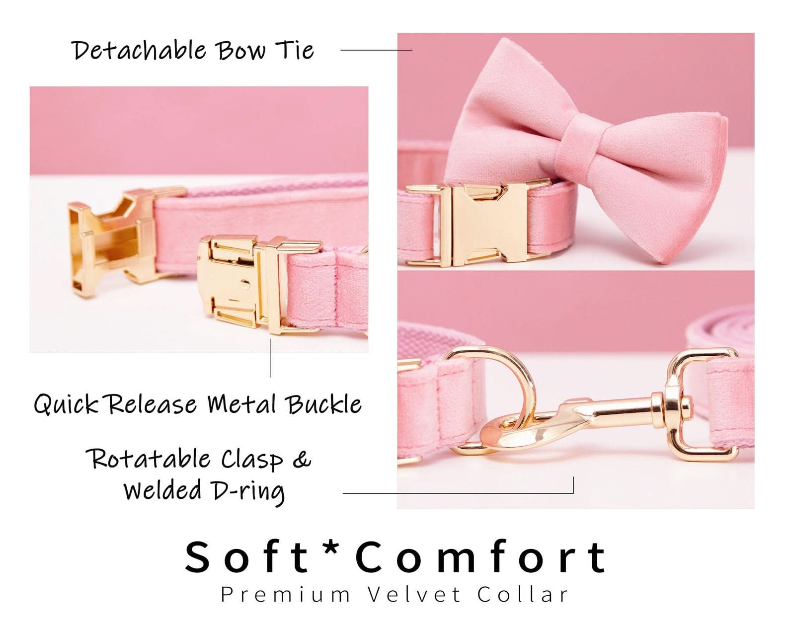 Custom Velvet Dog Collar & Leash Set with Bow – Pink, Rose, Ivory & Peach | Engraved Name Tag, Metal Buckle – Wedding Puppy Gift - AmyEngraved