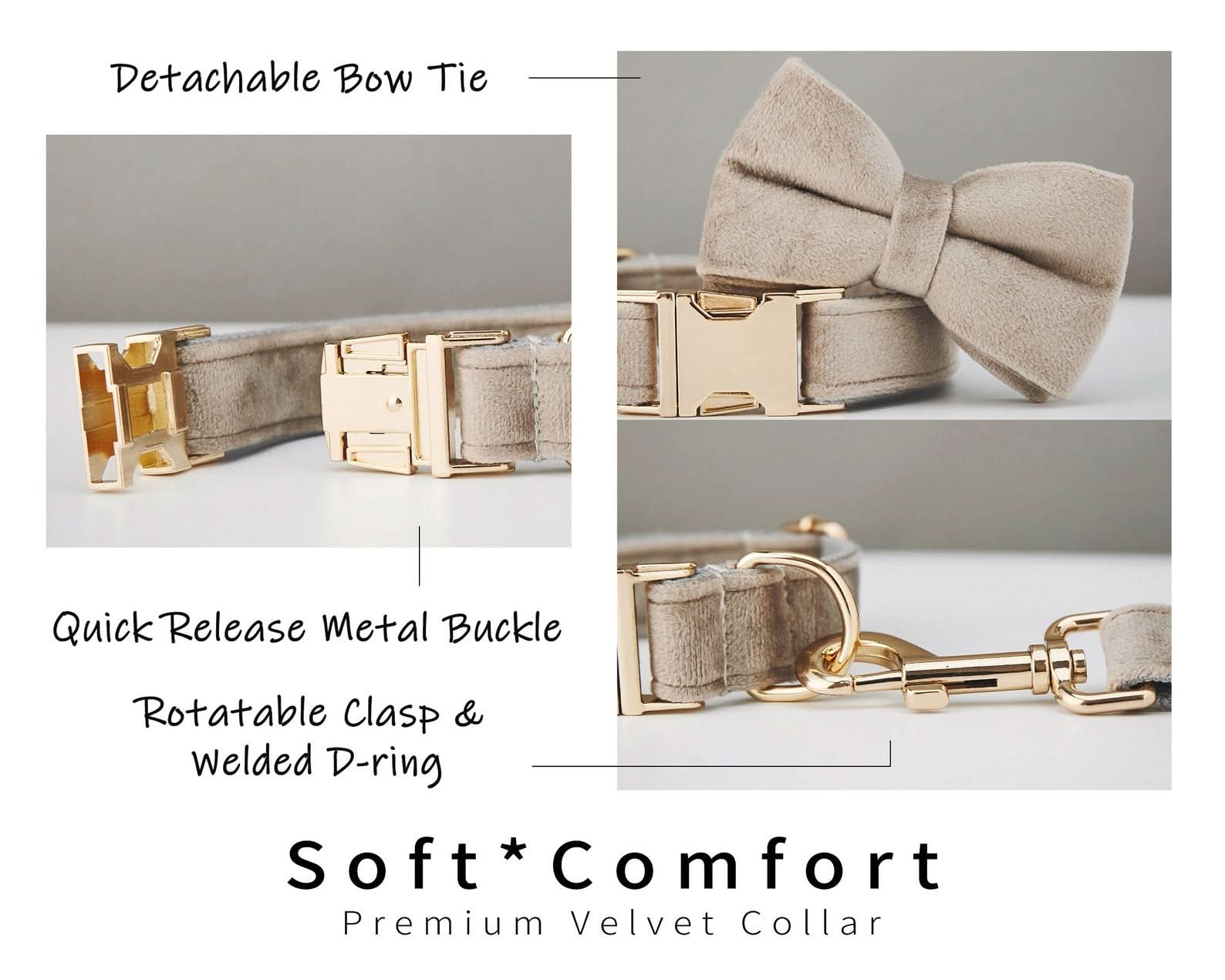 Custom Velvet Dog Collar & Leash Set with Bow – Brown, Beige & White | Engraved Name Plate, Metal Buckle – Wedding Puppy Gift - AmyEngraved