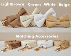 Custom Velvet Dog Collar & Leash Set with Bow – Brown, Beige & White | Engraved Name Plate, Metal Buckle – Wedding Puppy Gift - AmyEngraved