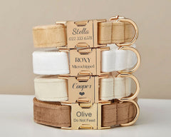 Custom Velvet Dog Collar & Leash Set with Bow – Brown, Beige & White | Engraved Name Plate, Metal Buckle – Wedding Puppy Gift - AmyEngraved