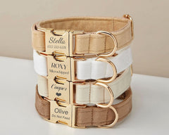 Custom Velvet Dog Collar & Leash Set with Bow – Brown, Beige & White | Engraved Name Plate, Metal Buckle – Wedding Puppy Gift - AmyEngraved