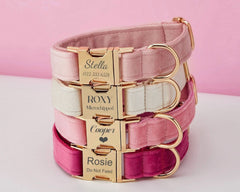 Custom Velvet Dog Collar & Leash Set with Bow – Pink, Rose, Ivory & Peach | Engraved Name Tag, Metal Buckle – Wedding Puppy Gift - AmyEngraved