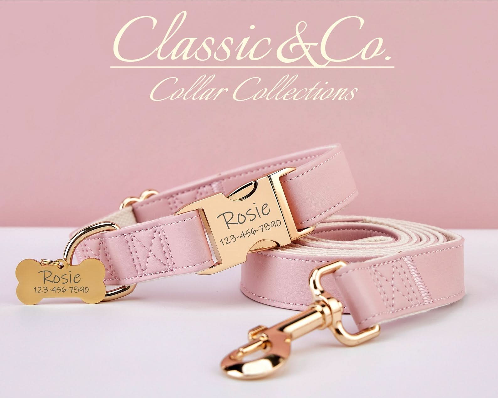 Pink Waterproof PU Leather Dog Collar & Leash Set | Solid Design | Engraved Metal Buckle Plate + Free Pet Name Tag | Wedding Puppy Gift - AmyEngraved
