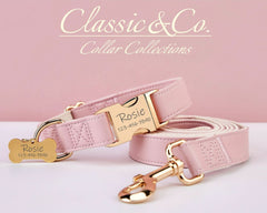 Pink Waterproof PU Leather Dog Collar & Leash Set | Solid Design | Engraved Metal Buckle Plate + Free Pet Name Tag | Wedding Puppy Gift - AmyEngraved