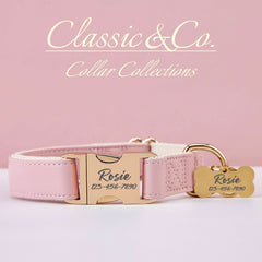 Pink Waterproof PU Leather Dog Collar & Leash Set | Solid Design | Engraved Metal Buckle Plate + Free Pet Name Tag | Wedding Puppy Gift - AmyEngraved