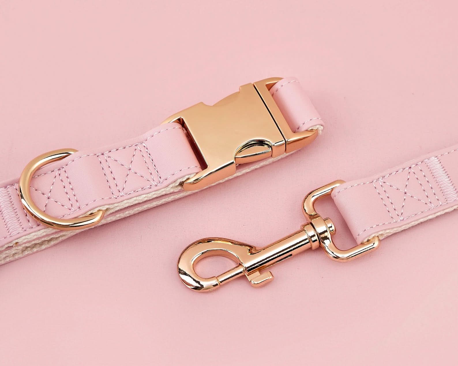 Pink Waterproof PU Leather Dog Collar & Leash Set | Solid Design | Engraved Metal Buckle Plate + Free Pet Name Tag | Wedding Puppy Gift - AmyEngraved