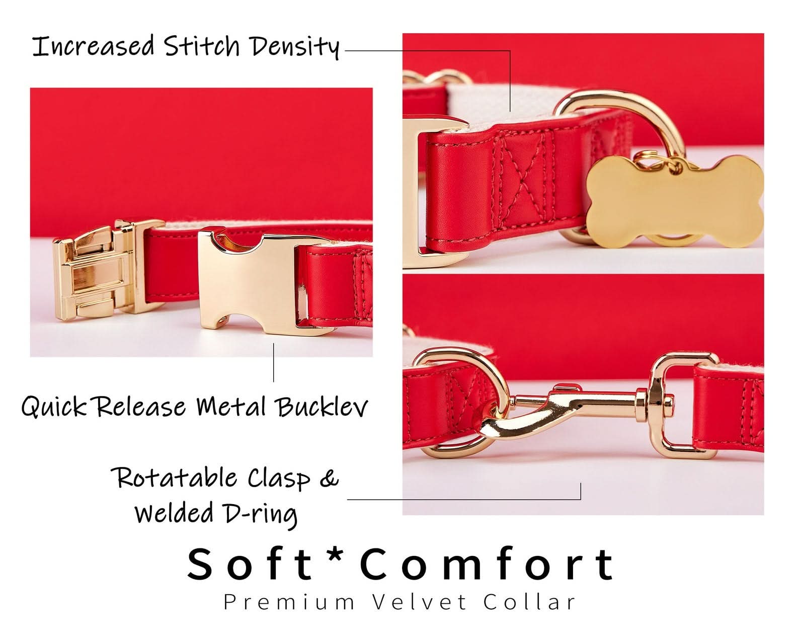 Red Waterproof PU Leather Dog Collar & Leash Set | Solid Design | Engraved Metal Buckle Plate + Free Pet Name Tag | Wedding Puppy Gift - AmyEngraved