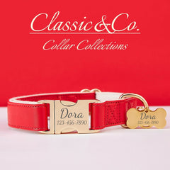 Red Waterproof PU Leather Dog Collar & Leash Set | Solid Design | Engraved Metal Buckle Plate + Free Pet Name Tag | Wedding Puppy Gift - AmyEngraved