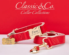 Red Waterproof PU Leather Dog Collar & Leash Set | Solid Design | Engraved Metal Buckle Plate + Free Pet Name Tag | Wedding Puppy Gift - AmyEngraved