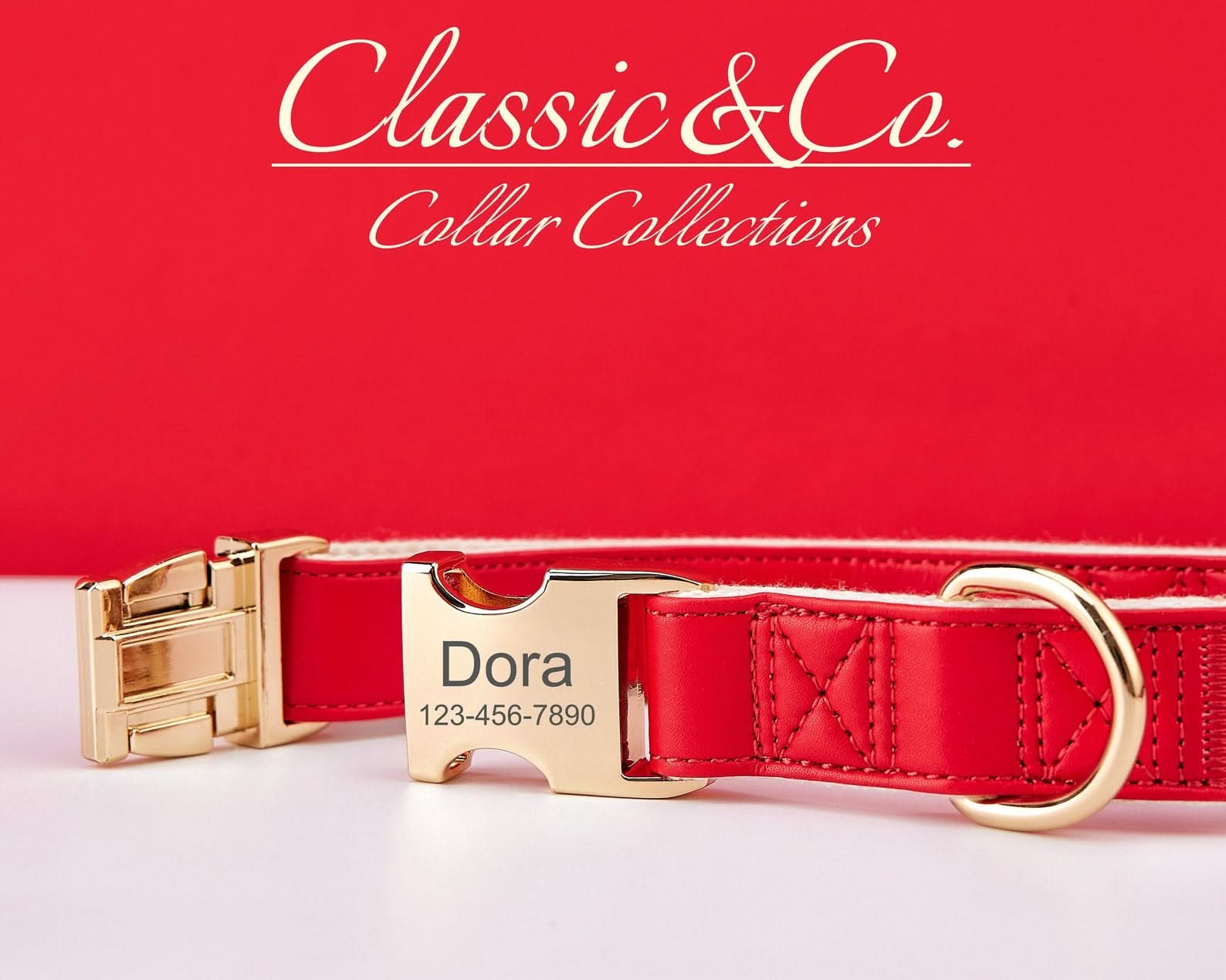 Red Waterproof PU Leather Dog Collar & Leash Set | Solid Design | Engraved Metal Buckle Plate + Free Pet Name Tag | Wedding Puppy Gift - AmyEngraved