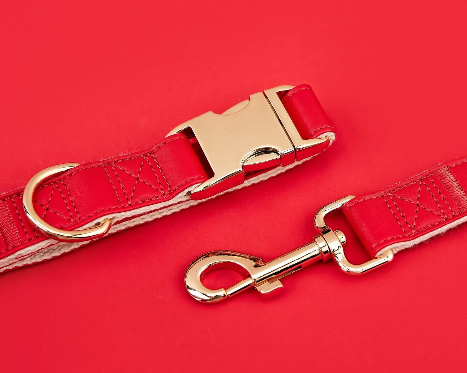 Red Waterproof PU Leather Dog Collar & Leash Set | Solid Design | Engraved Metal Buckle Plate + Free Pet Name Tag | Wedding Puppy Gift - AmyEngraved
