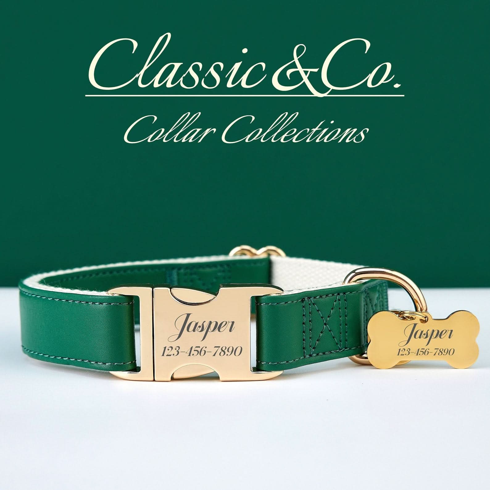 Green Waterproof PU Leather Dog Collar & Leash Set | Solid Design | Engraved Metal Buckle Plate + Free Pet Name Tag | Wedding Puppy Gift - AmyEngraved