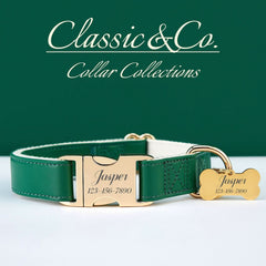 Green Waterproof PU Leather Dog Collar & Leash Set | Solid Design | Engraved Metal Buckle Plate + Free Pet Name Tag | Wedding Puppy Gift - AmyEngraved