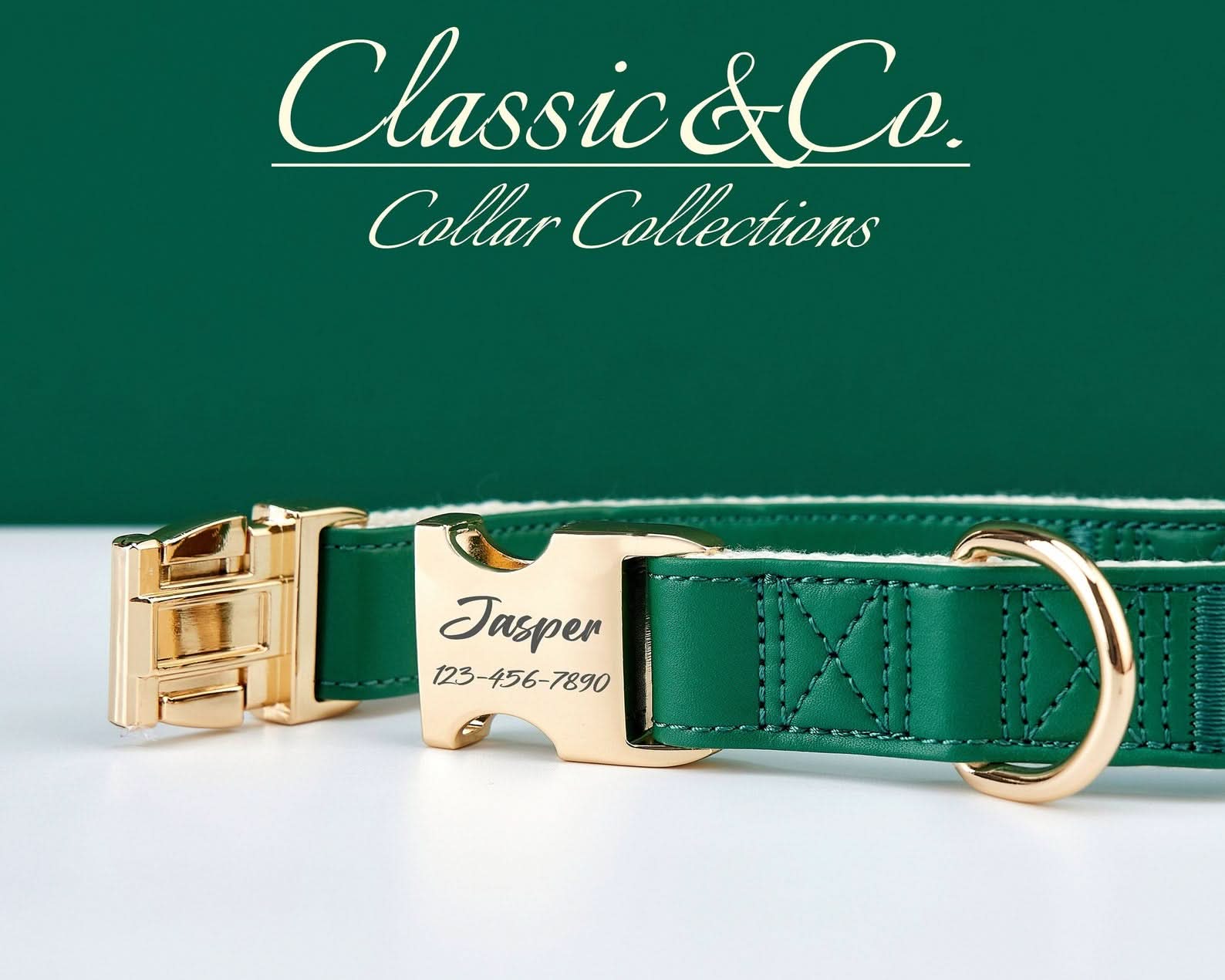 Green Waterproof PU Leather Dog Collar & Leash Set | Solid Design | Engraved Metal Buckle Plate + Free Pet Name Tag | Wedding Puppy Gift - AmyEngraved