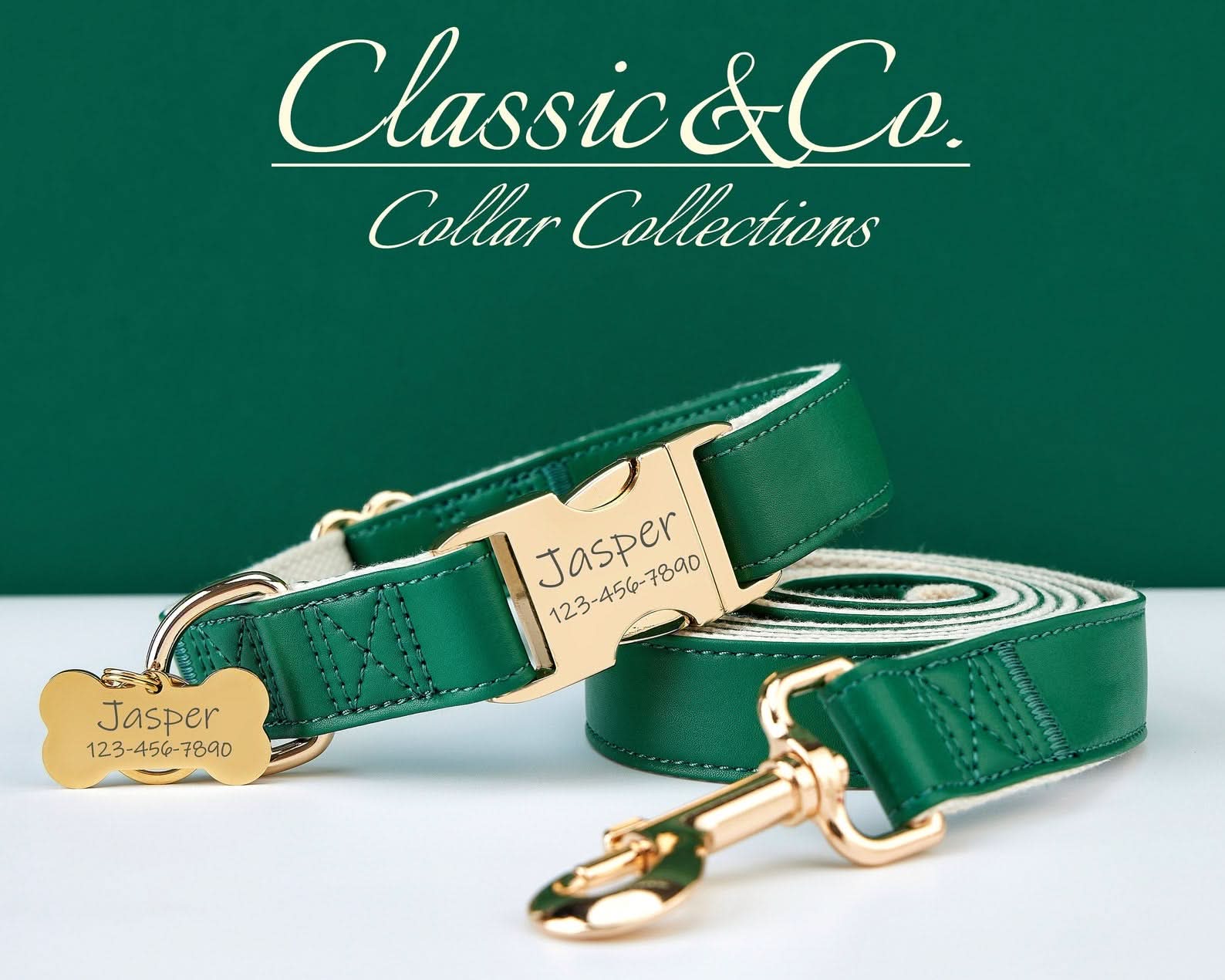 Green Waterproof PU Leather Dog Collar & Leash Set | Solid Design | Engraved Metal Buckle Plate + Free Pet Name Tag | Wedding Puppy Gift - AmyEngraved
