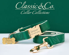 Green Waterproof PU Leather Dog Collar & Leash Set | Solid Design | Engraved Metal Buckle Plate + Free Pet Name Tag | Wedding Puppy Gift - AmyEngraved