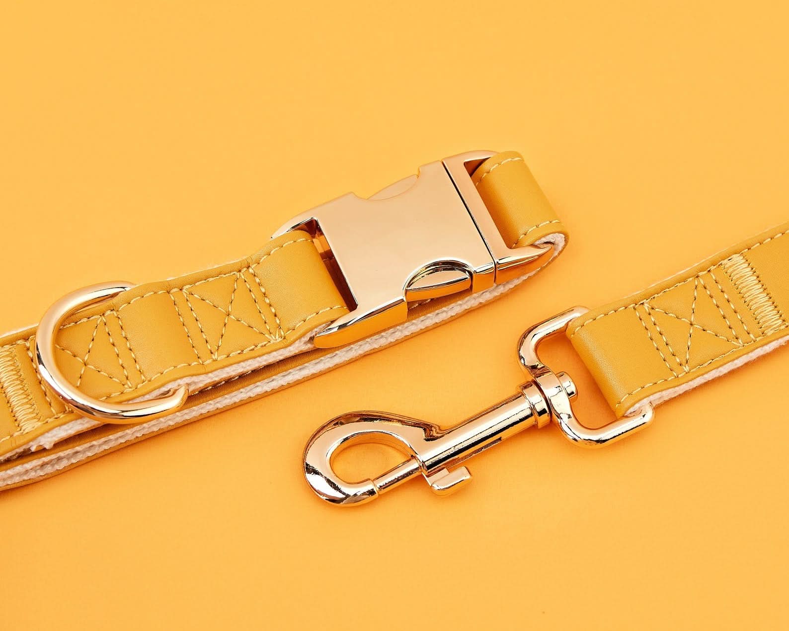 Caramel Waterproof PU Leather Dog Collar & Leash Set | Solid Design | Engraved Metal Buckle Plate + Free Name Tag | Wedding Puppy Gift - AmyEngraved