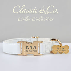 White Waterproof PU Leather Dog Collar & Leash Set | Solid Design | Engraved Metal Buckle Plate + Free Pet Name Tag | Wedding Puppy Gift - AmyEngraved