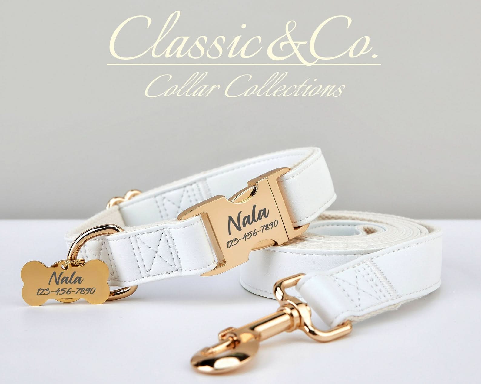 White Waterproof PU Leather Dog Collar & Leash Set | Solid Design | Engraved Metal Buckle Plate + Free Pet Name Tag | Wedding Puppy Gift - AmyEngraved