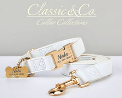 White Waterproof PU Leather Dog Collar & Leash Set | Solid Design | Engraved Metal Buckle Plate + Free Pet Name Tag | Wedding Puppy Gift - AmyEngraved