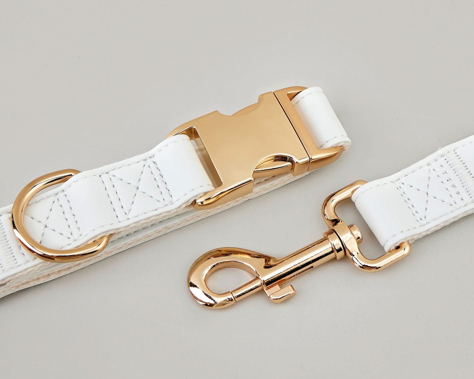 White Waterproof PU Leather Dog Collar & Leash Set | Solid Design | Engraved Metal Buckle Plate + Free Pet Name Tag | Wedding Puppy Gift - AmyEngraved