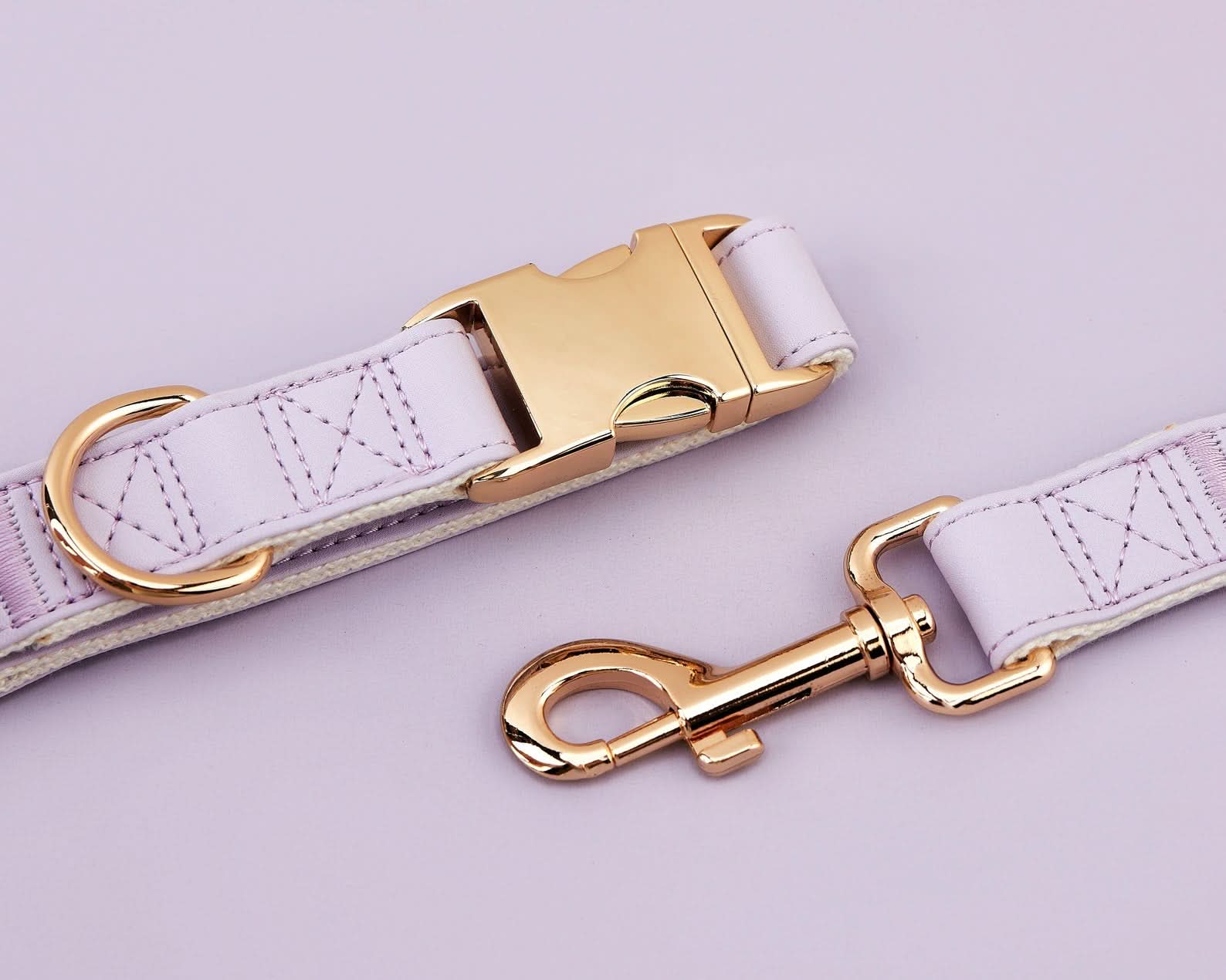 Lilac Waterproof PU Leather Dog Collar & Leash Set | Solid Purple | Free Engraved Metal Buckle Name Tag | Wedding Puppy Gift - AmyEngraved