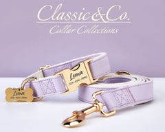 Lilac Waterproof PU Leather Dog Collar & Leash Set | Solid Purple | Free Engraved Metal Buckle Name Tag | Wedding Puppy Gift - AmyEngraved