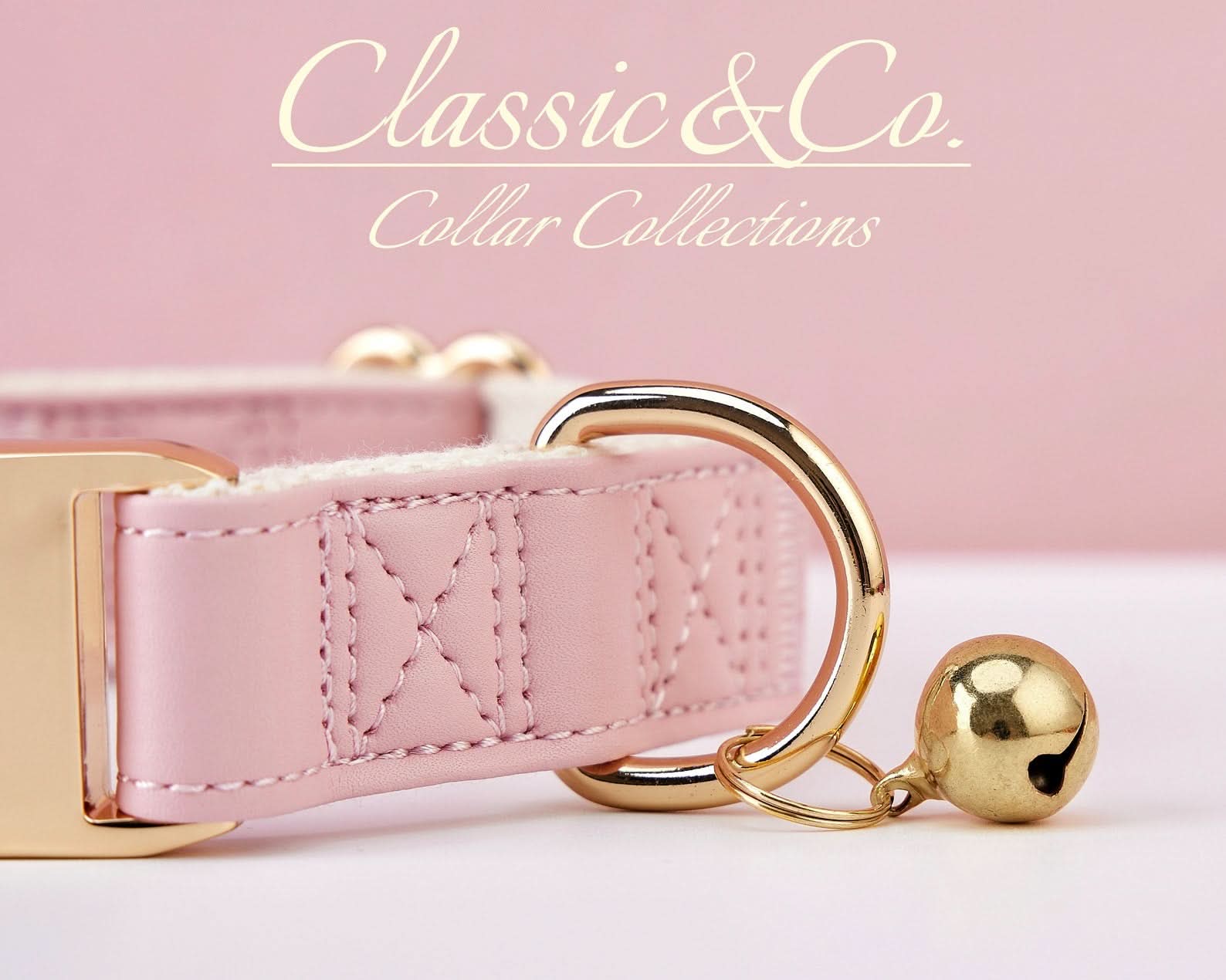 Pink Waterproof PU Leather Dog Collar & Leash Set | Solid Design | Engraved Metal Buckle Plate + Free Pet Name Tag | Wedding Puppy Gift - AmyEngraved