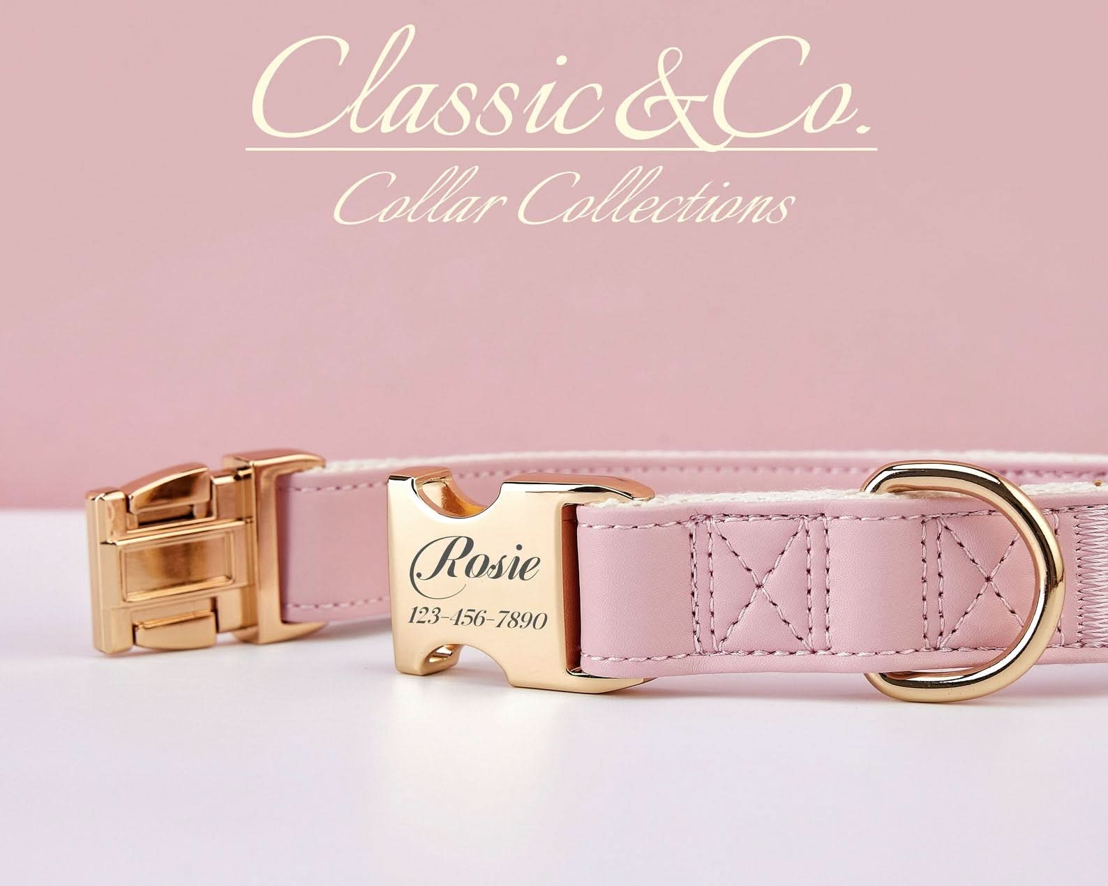 Pink Waterproof PU Leather Dog Collar & Leash Set | Solid Design | Engraved Metal Buckle Plate + Free Pet Name Tag | Wedding Puppy Gift - AmyEngraved