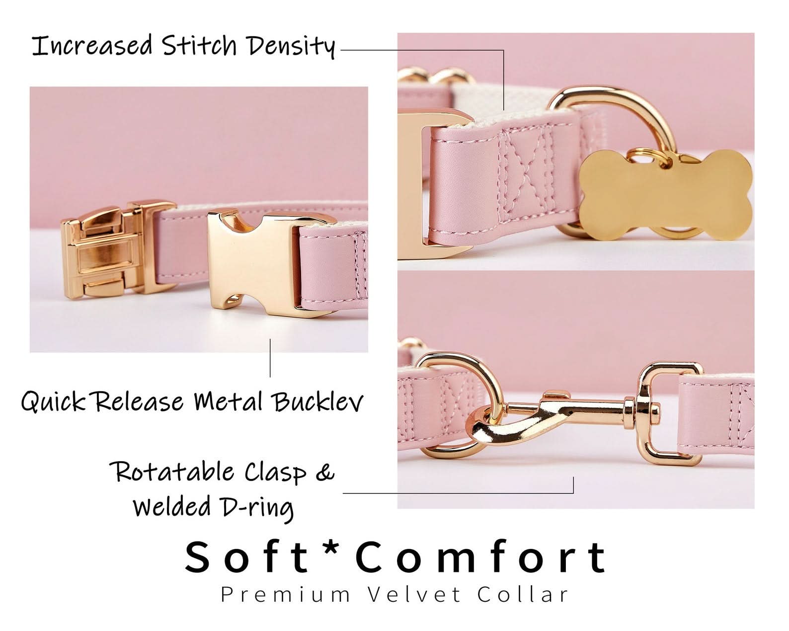 Pink Waterproof PU Leather Dog Collar & Leash Set | Solid Design | Engraved Metal Buckle Plate + Free Pet Name Tag | Wedding Puppy Gift - AmyEngraved