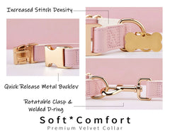 Pink Waterproof PU Leather Dog Collar & Leash Set | Solid Design | Engraved Metal Buckle Plate + Free Pet Name Tag | Wedding Puppy Gift - AmyEngraved