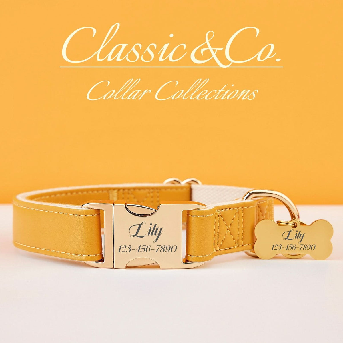 Caramel Waterproof PU Leather Dog Collar & Leash Set | Solid Design | Engraved Metal Buckle Plate + Free Name Tag | Wedding Puppy Gift - AmyEngraved
