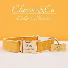 Caramel Waterproof PU Leather Dog Collar & Leash Set | Solid Design | Engraved Metal Buckle Plate + Free Name Tag | Wedding Puppy Gift - AmyEngraved